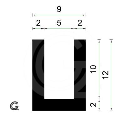 Rubber U Profiel | binnenmaat 5 mm | hoogte 12 mm | dikte 2 mm | rol 50 meter